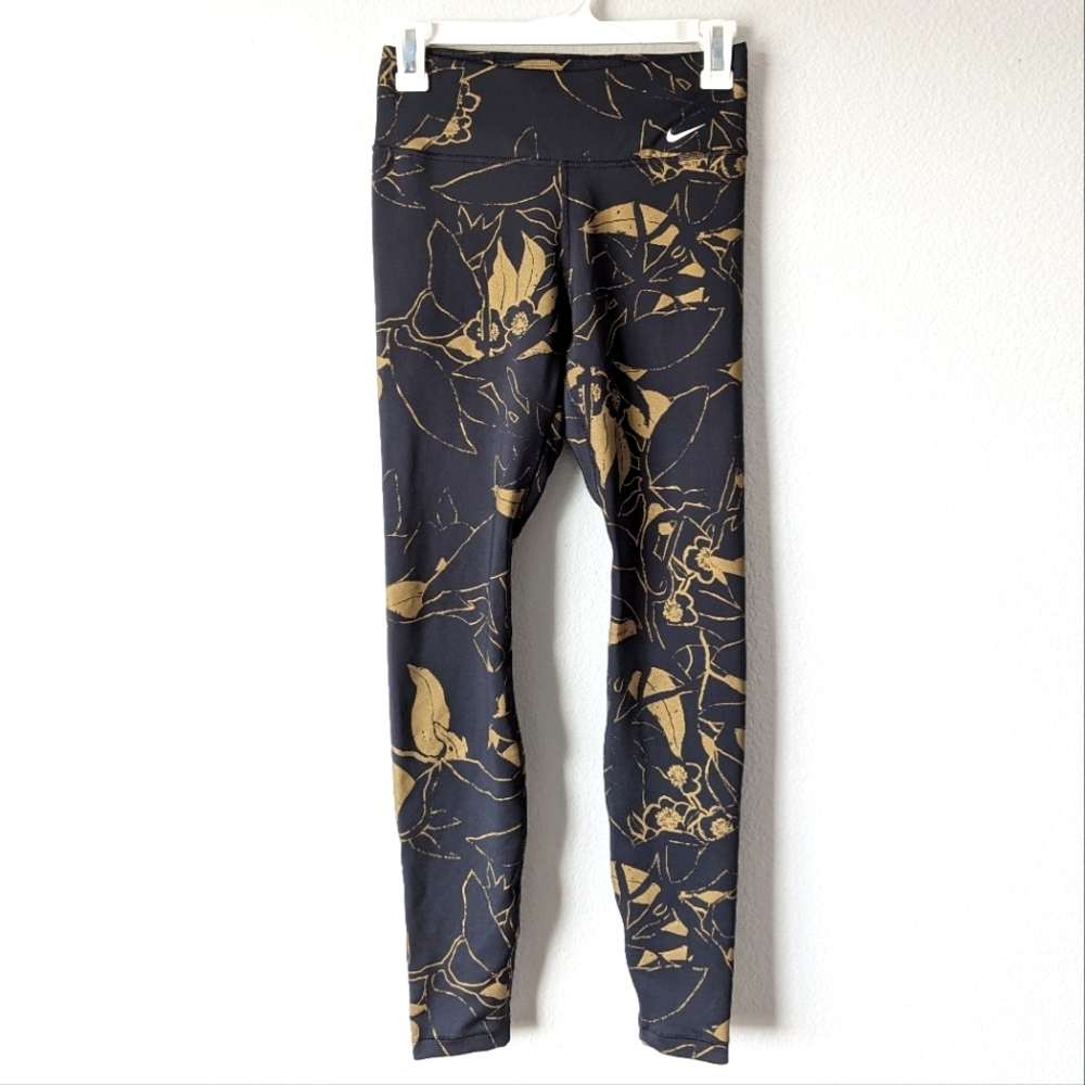 Nike Dri Fit Active Athletic Leggings Black & Gold Cherry Blossoms Design